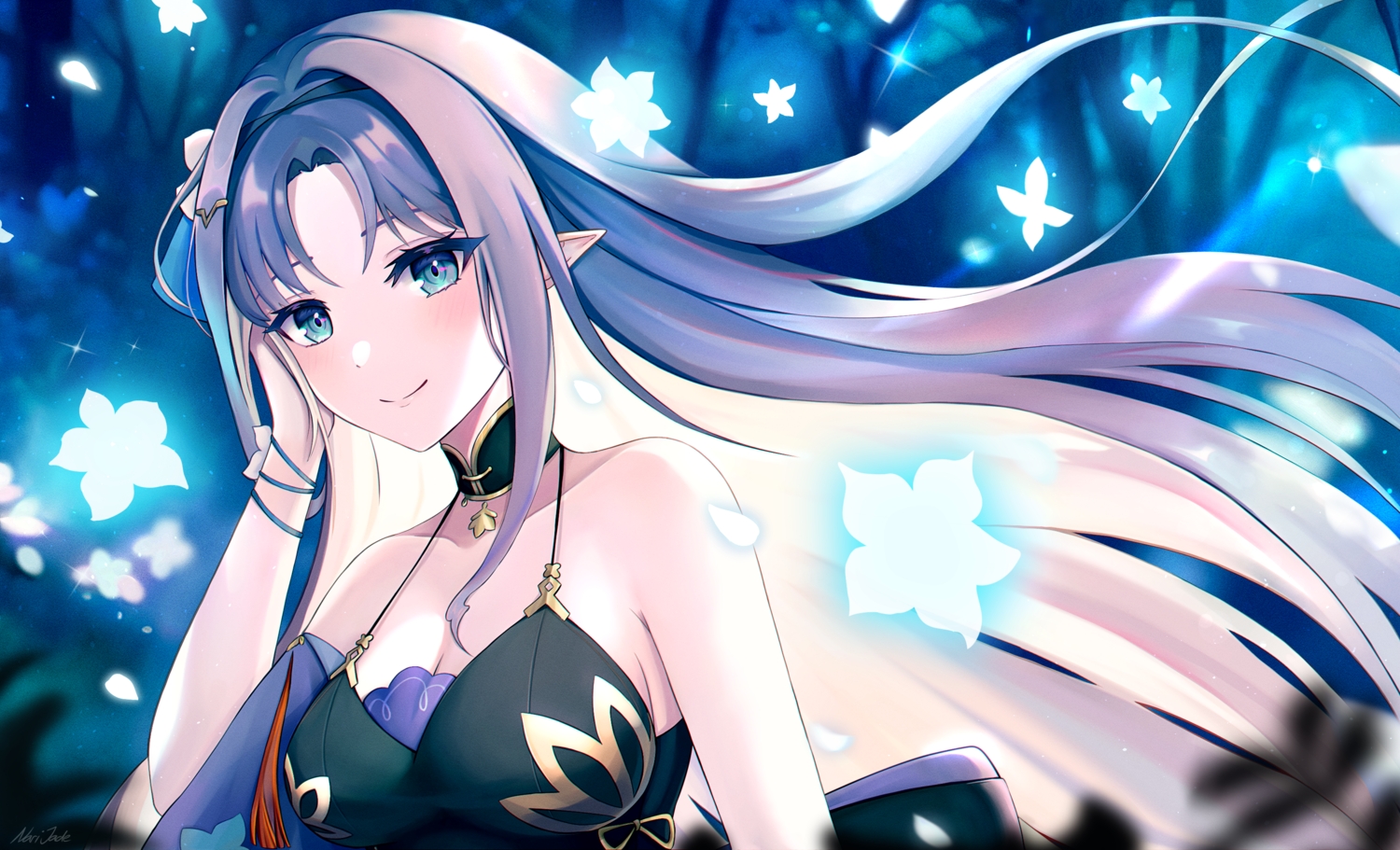 aliasing, amid_(epic7), blush, choker, epic7, green_eyes, leaves, long_hair, narijade, night, pink_hair, pointed_ears, signed, tree, wristwear