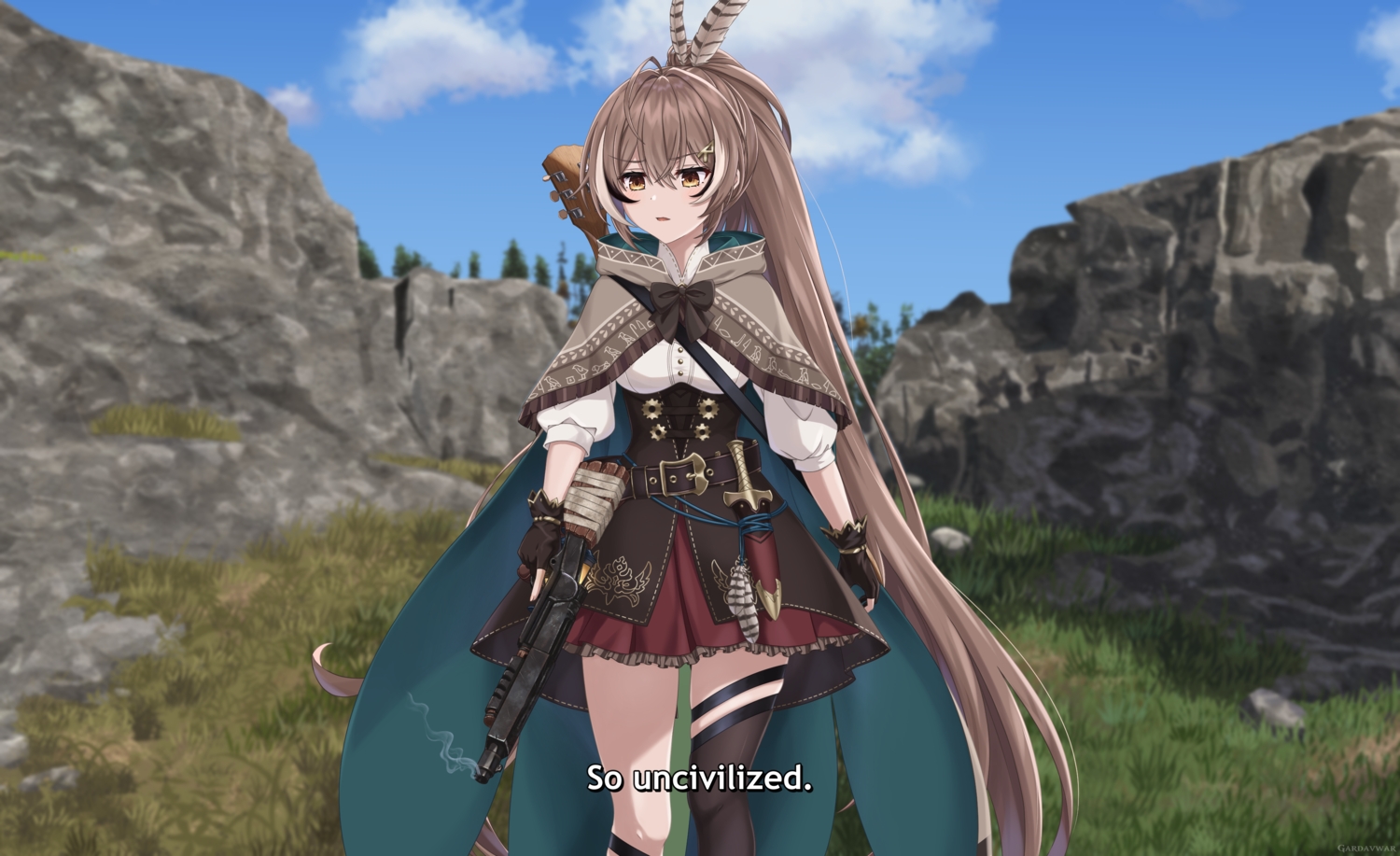 brown_hair, clouds, dress, gardavwar, gloves, grass, guitar, gun, hololive, instrument, kneehighs, knife, long_hair, nanashi_mumei, ponytail, rust_(game), sky, thighhighs, tree, watermark, weapon, yellow_eyes
