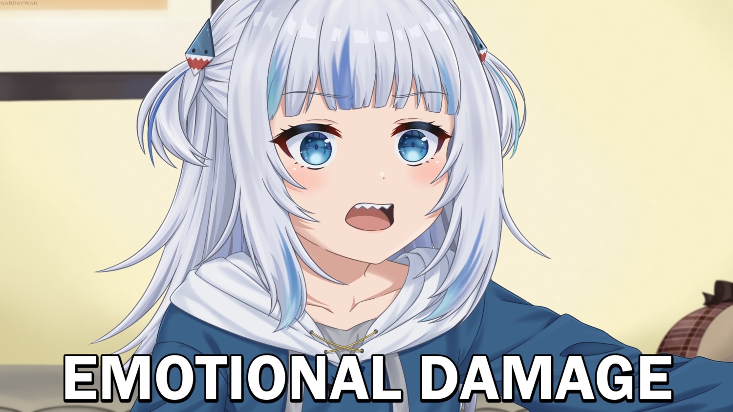 blue_eyes, blush, close, gardavwar, gawr_gura, gray_hair, hololive, hood, long_hair, watermark