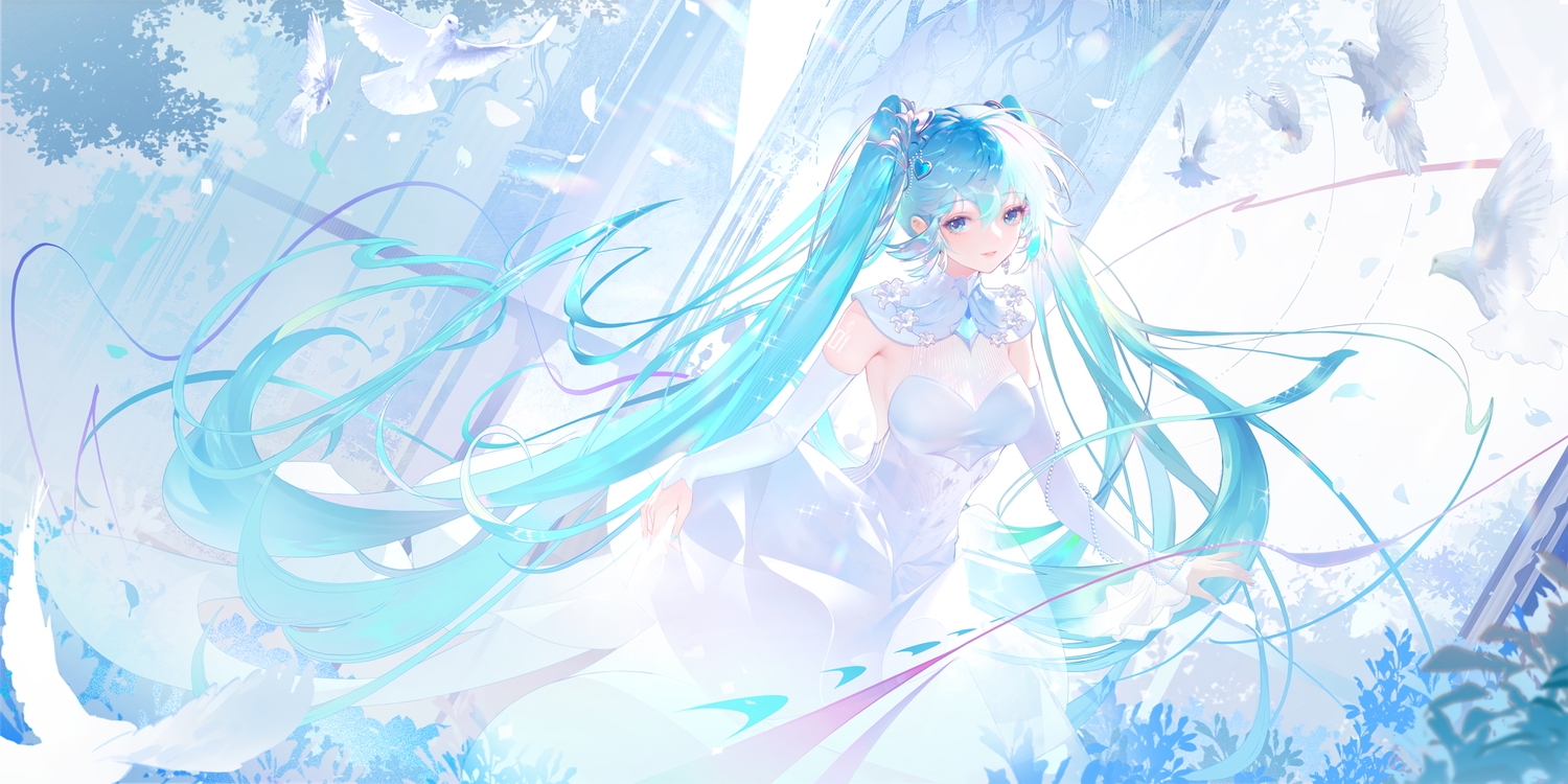 animal, aqua_eyes, aqua_hair, bird, dress, hatsune_miku, jie_xiaoming, long_hair