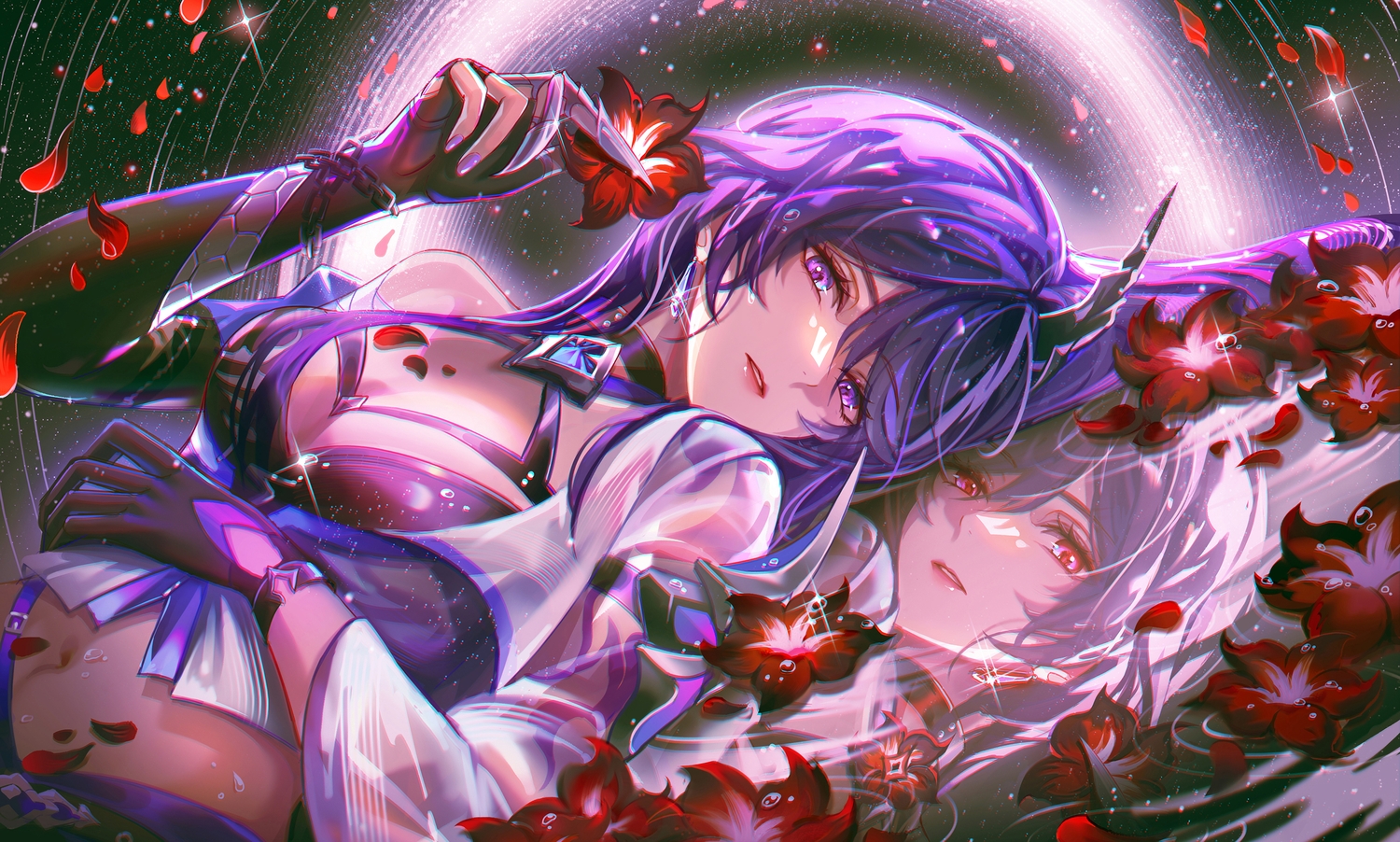 acheron_(honkai:_star_rail), breasts, chain, choker, elbow_gloves, flowers, gloves, honkai_(series), honkai:_star_rail, jessica_wijaya, long_hair, navel, petals, purple_eyes, purple_hair, red_eyes, reflection, see_through, tattoo, water, wristwear