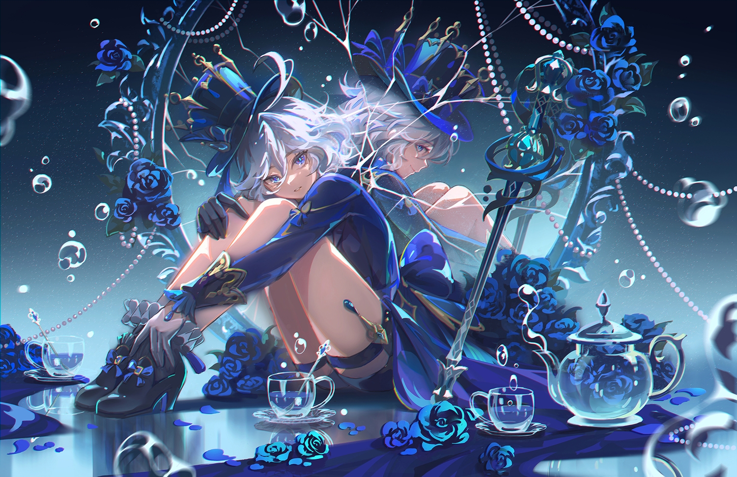 bicolored_eyes, blue_eyes, drink, flowers, furina_(genshin_impact), garter, genshin_impact, gloves