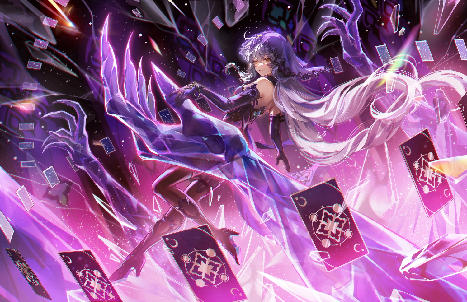 black_swan_(honkai:_star_rail), dress, elbow_gloves, gloves, gray_hair, headdress, honkai_(series), honkai:_star_rail, jessica_wijaya, long_hair, magic, purple, wristwear, yellow_eyes