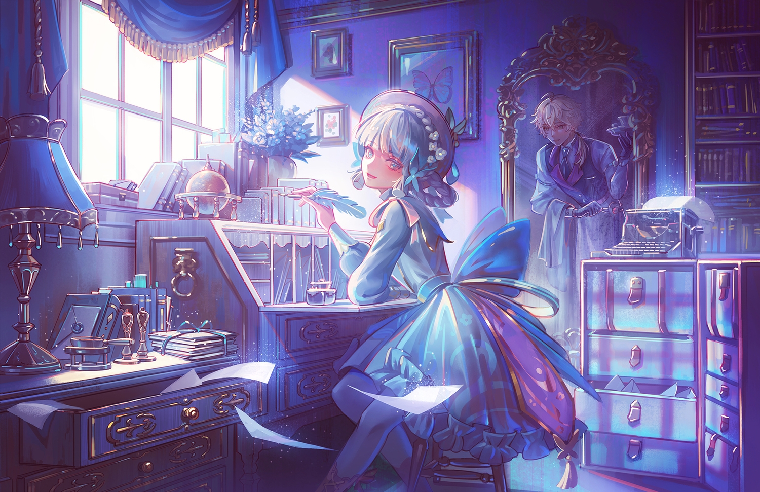 apron, blonde_hair, book, bow, braids, dress, drink, flowers