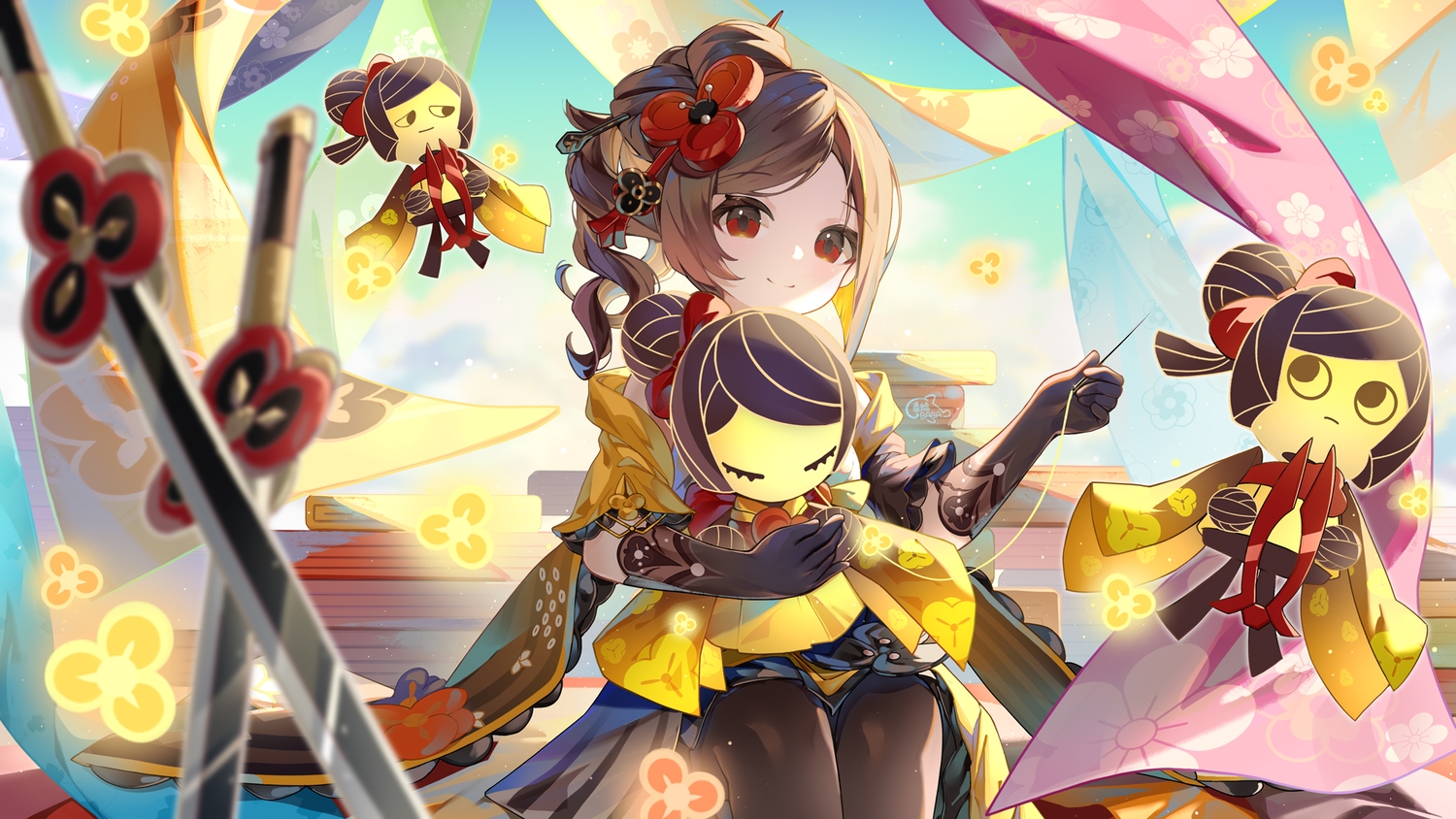 brown_hair, chiori_(genshin_impact), clouds, doll, dress, elbow_gloves, genshin_impact, gloves