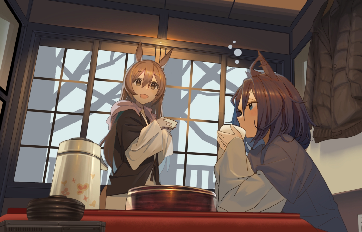 2girls, animal_ears, anthropomorphism, ashinowoto, blue_eyes, blush, brown_eyes, brown_hair, drink, eishin_flash_(umamusume), food, hood, kotatsu, long_hair, short_hair, silhouette, smart_falcon_(umamusume), tree, uma_musume:_pretty_derby, winter