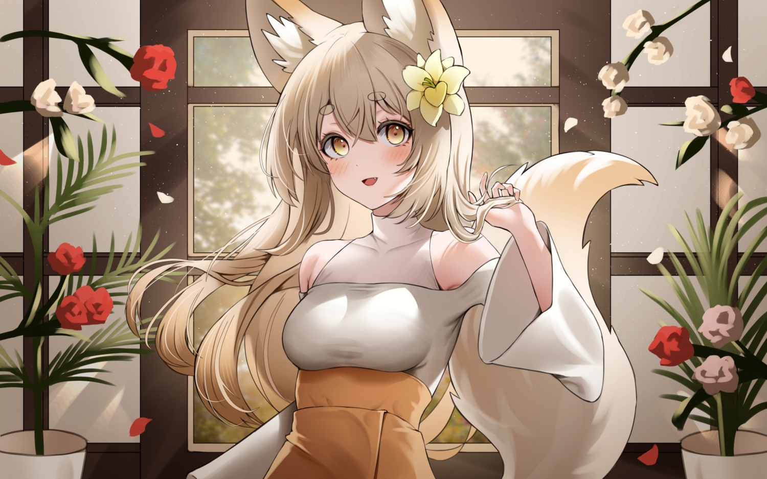 animal_ears, blush, brown_hair, erbium, fang, flowers, long_hair, original