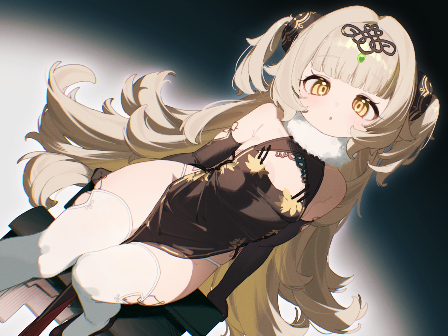 anthropomorphism, azur_lane, blush, brown_hair, chinese_clothes, chinese_dress, dress, elbow_gloves, flat_chest, gloves, headdress, loli, long_hair, mosou_keito, thighhighs, twintails, yellow_eyes, z46_(azur_lane)