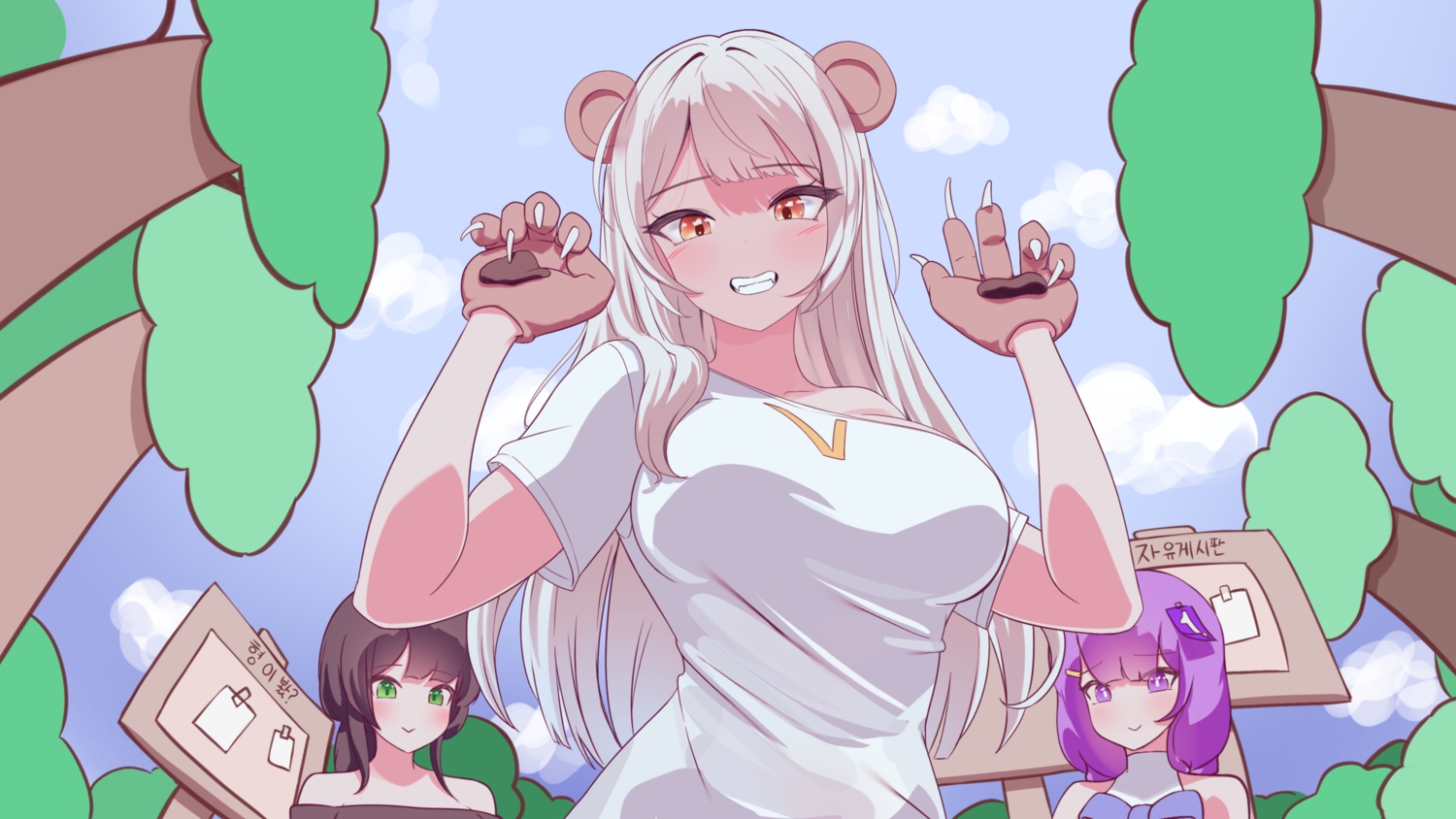 animal_ears, black_hair, blush, breasts, brown_eyes, clouds, fang, gray_hair