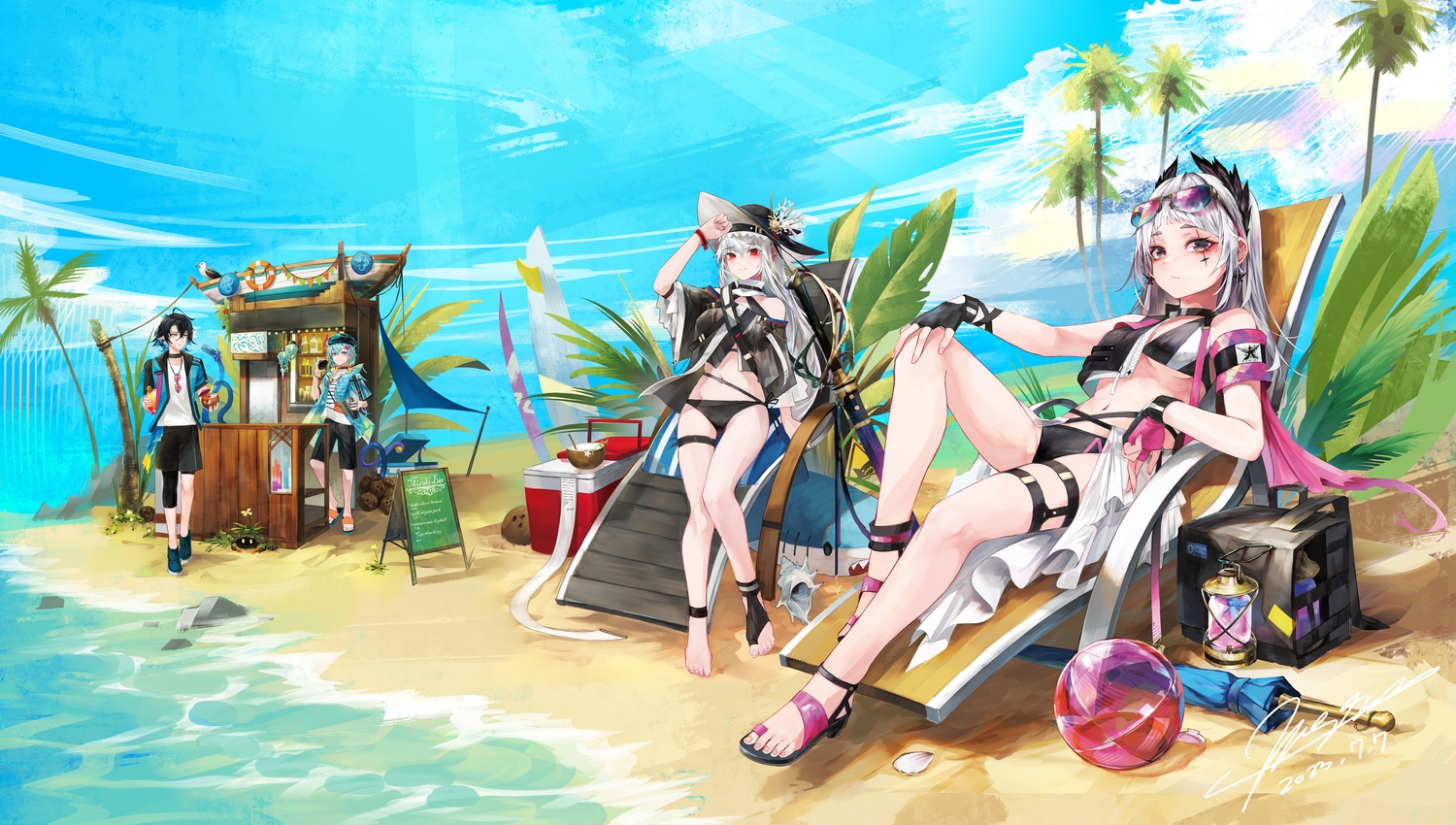 arknights, beach, bikini, black_hair, breasts, choker, clouds, drink, garter, gloves, gray_eyes, gray_hair, group, hat, irene_(arknights), leaves, long_hair, lumen_(arknights), male, milktea_wegan, mizuki_(arknights), navel, pointed_ears, red_eyes, see_through, shirt, short_hair, shorts, signed, sky, specter_(arknights), sunglasses, swimsuit, tattoo, tree, underboob, water, wristwear, yellow_eyes