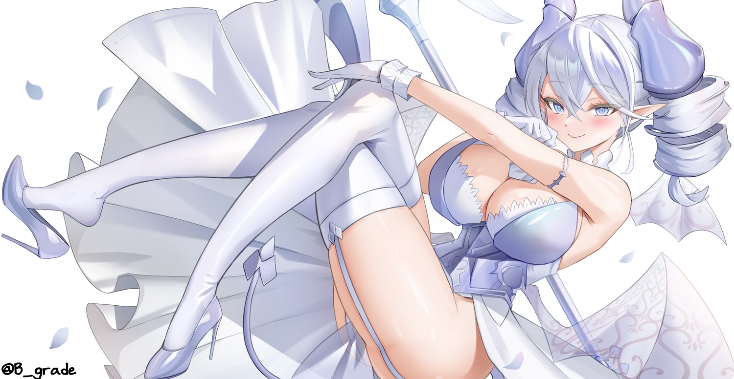 b_grade, blue_eyes, blush, breasts, cleavage, demon, dress, garter_belt, gloves, gray_hair, horns, long_hair, lovely_labrynth_of_the_silver_castle, petals, pointed_ears, signed, staff, stockings, twintails, white, wings, yu-gi-oh