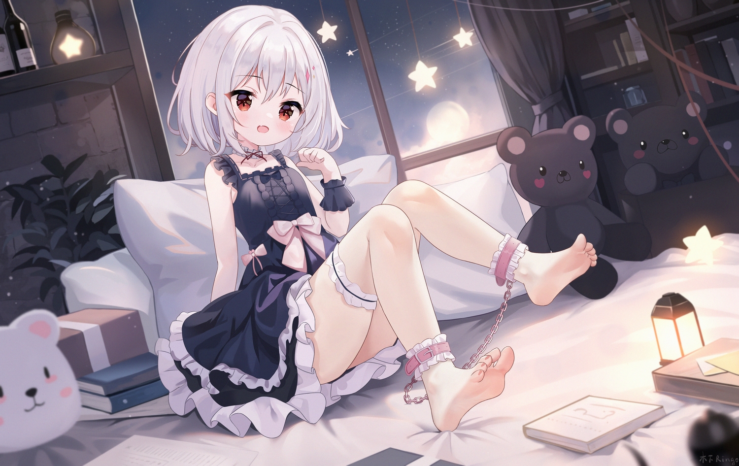 barefoot, bed, blush, bondage, book, bow, choker, clouds, dress, fang, garter, goth-loli, gray_hair, kinoshita_ringo_(ryve5758), loli, lolita_fashion, moon, night, red_eyes, shackles, short_hair, signed, stars, teddy_bear