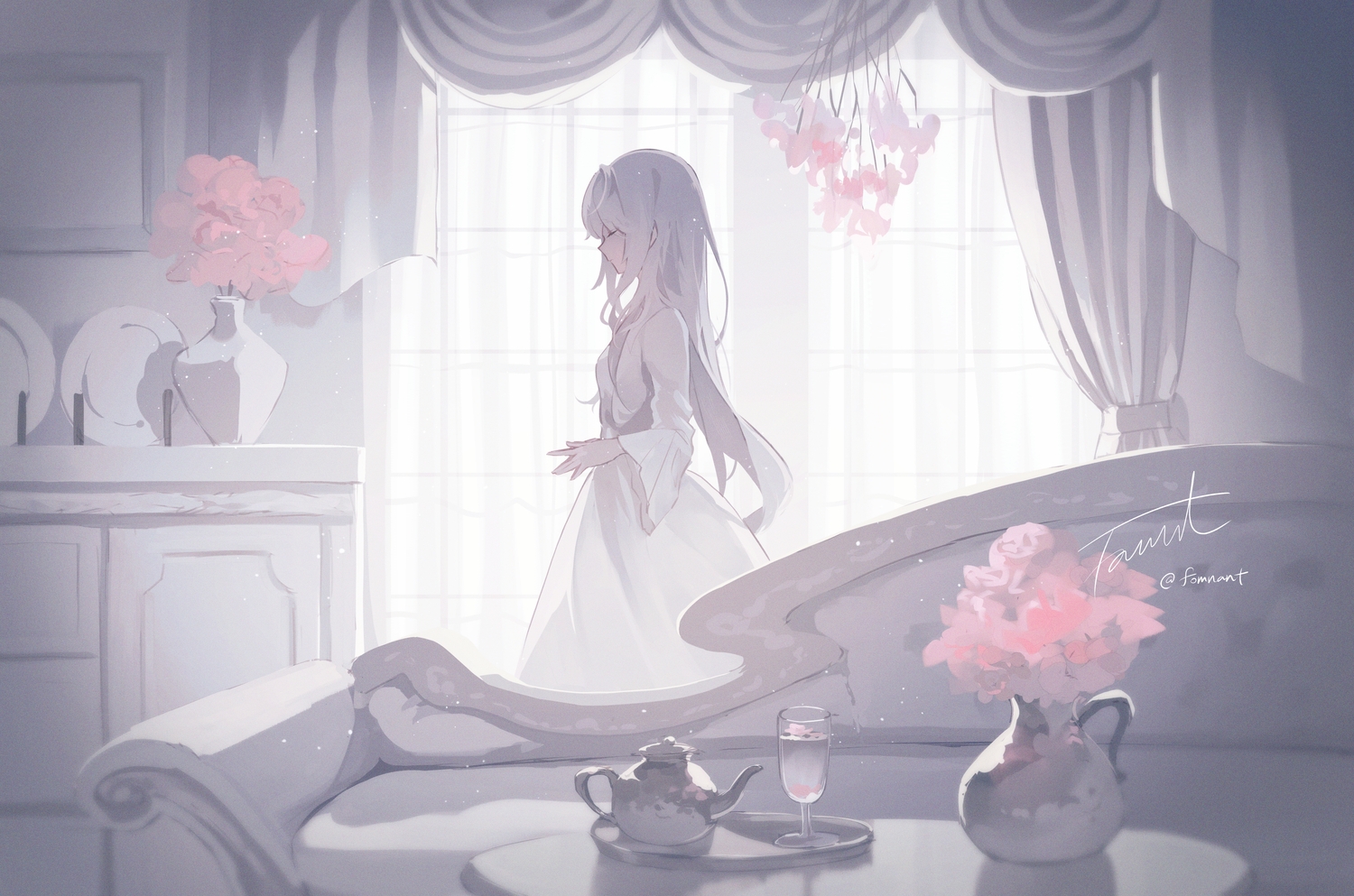 couch, dress, drink, flowers, fomnant, gray_hair, long_hair, original, polychromatic, signed