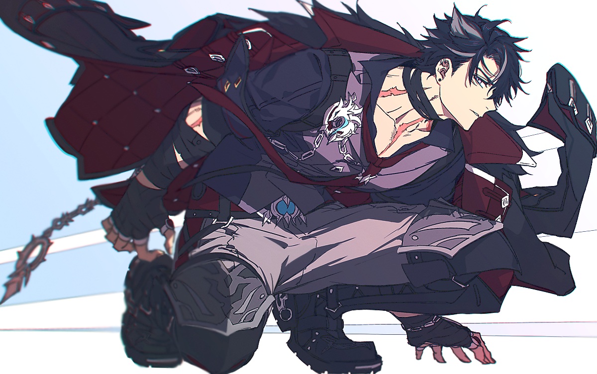all_male, black_hair, boots, cape, choker, genshin_impact, gloves, male