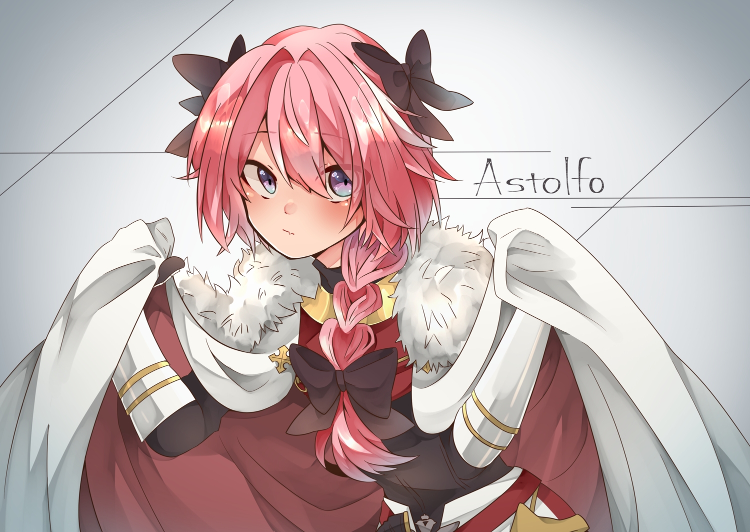 all_male, armor, astolfo, braids, cape, dress, fang, fate/grand_order, fate_(series), long_hair, male, otoko_no_ko, pink_hair, purple_eyes, sahata_saba