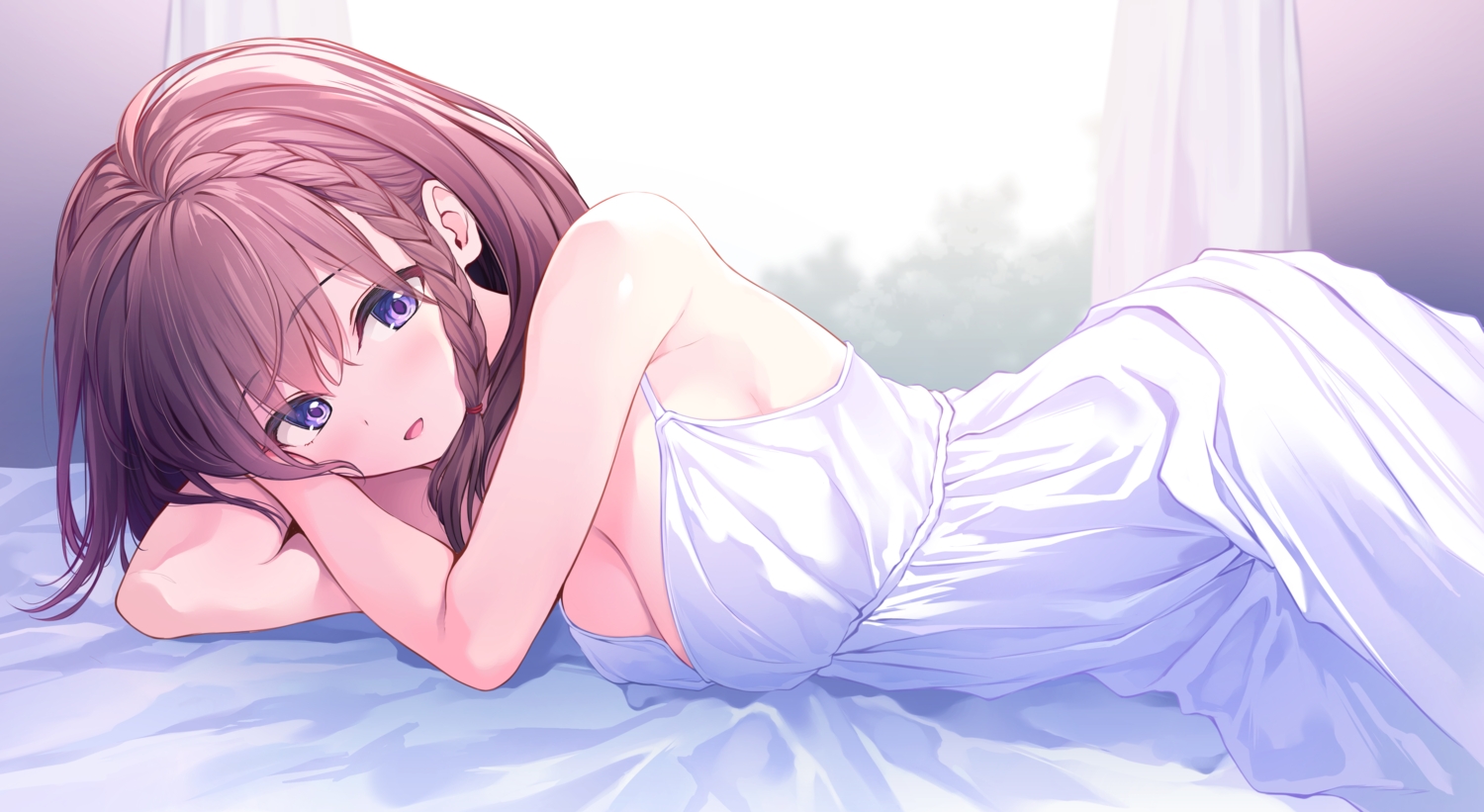 bed, blush, braids, breasts, brown_hair, cleavage, dress, original