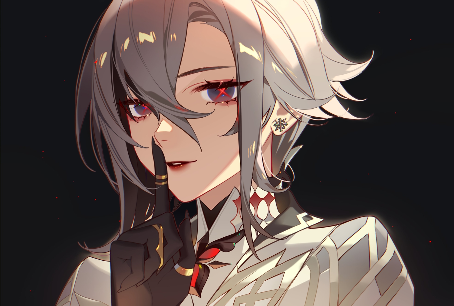 arlecchino_(genshin_impact), black, close, genshin_impact, gloves, gray_eyes, gray_hair, jesse_(pixiv34586727)