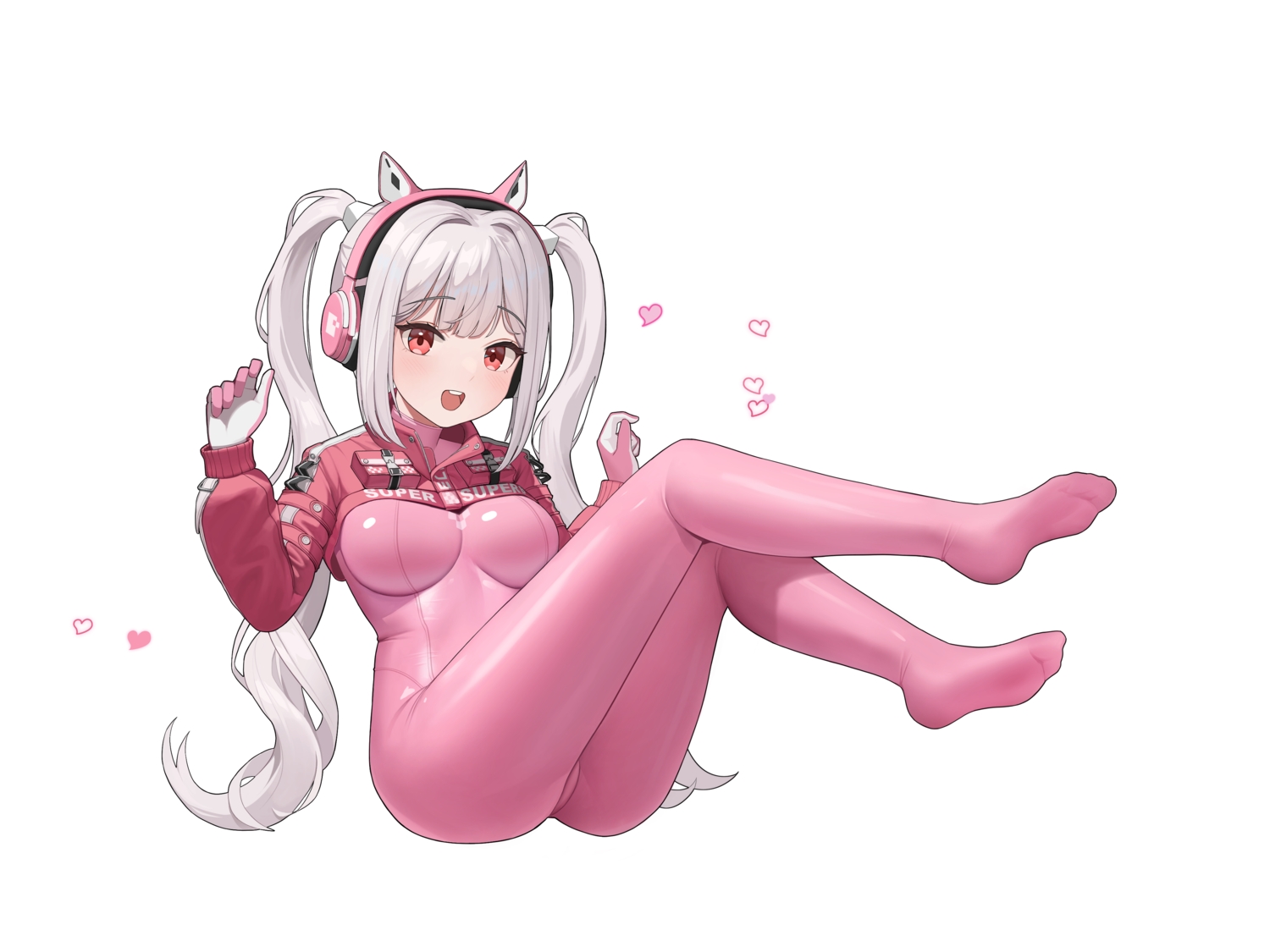 alice_(nikke), animal_ears, blush, bodysuit, breasts, gloves, goddess_of_victory:_nikke, headphones, heart, long_hair, masca, red_eyes, twintails, white, white_hair