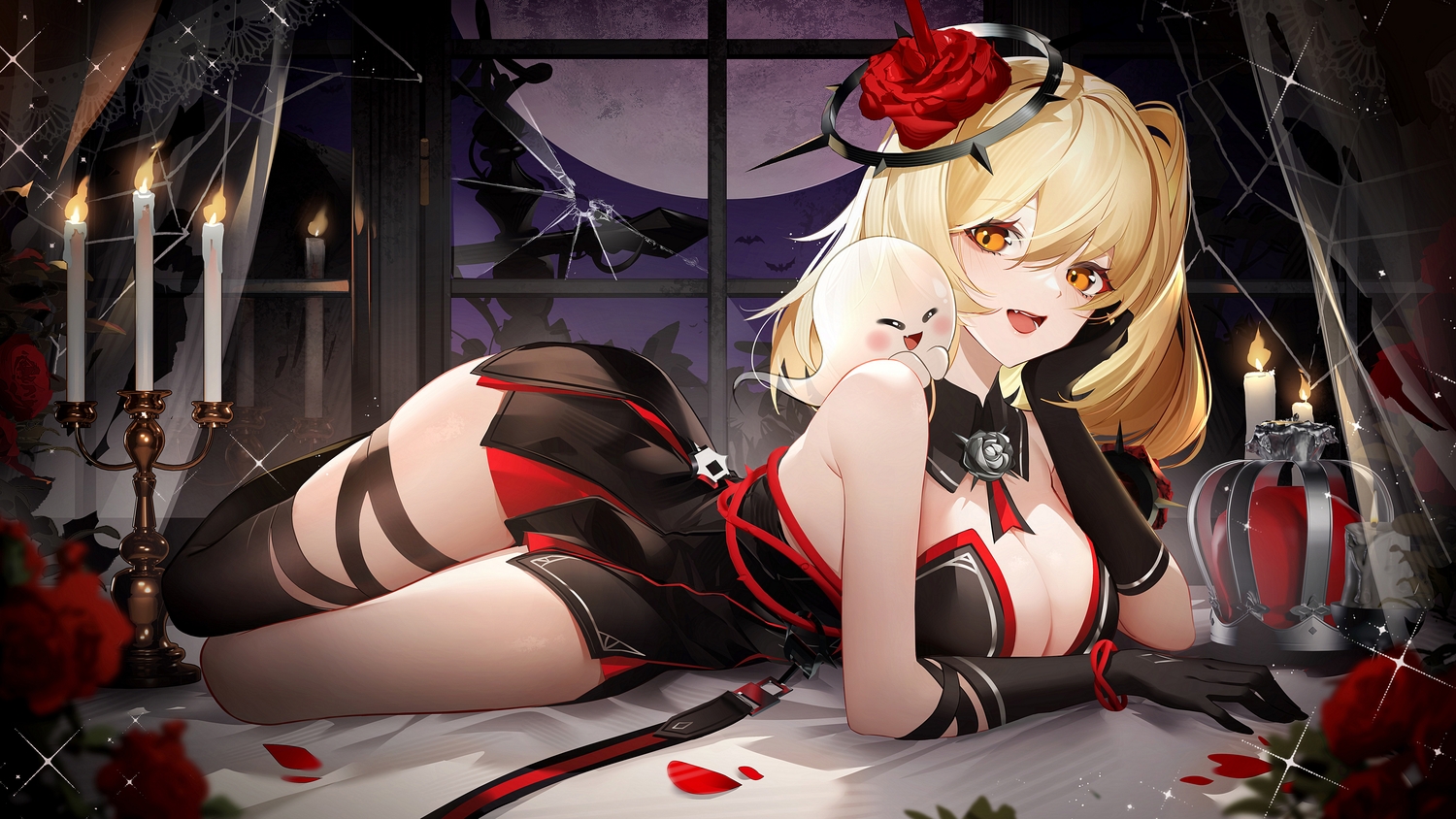 animal, bat, blonde_hair, blush, breasts, cleavage, crown, dress, elbow_gloves, fang, fenny_golden, flowers, garter, gloves, halo, moon, night, orange_eyes, petals, ponytail, rose, snowbreak:_containment_zone, wristwear, zaocan_nai_cha