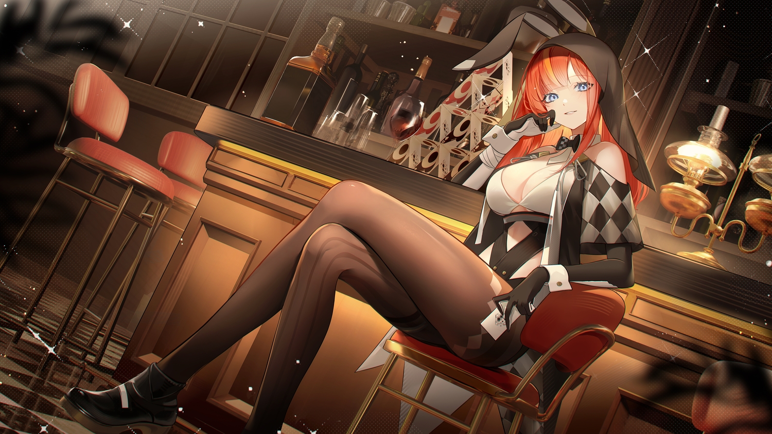 animal_ears, blue_eyes, bow, breasts, bunny_ears, bunnygirl, drink, elbow_gloves