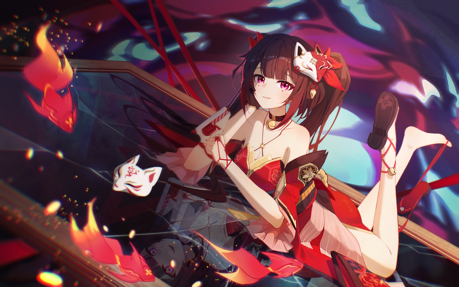 animal, ass, barefoot, bell, brown_hair, collar, dress, fish