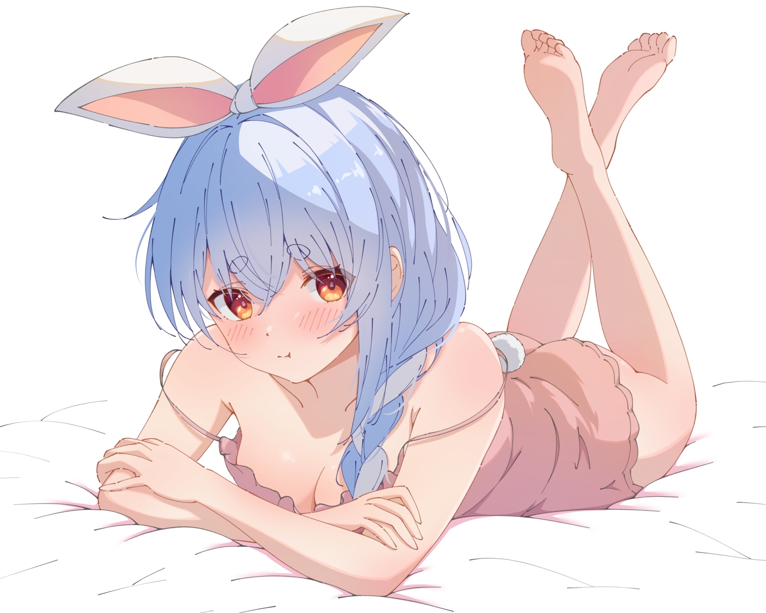 animal_ears, ass, barefoot, blue_hair, blush, braids, breasts, bunny_ears