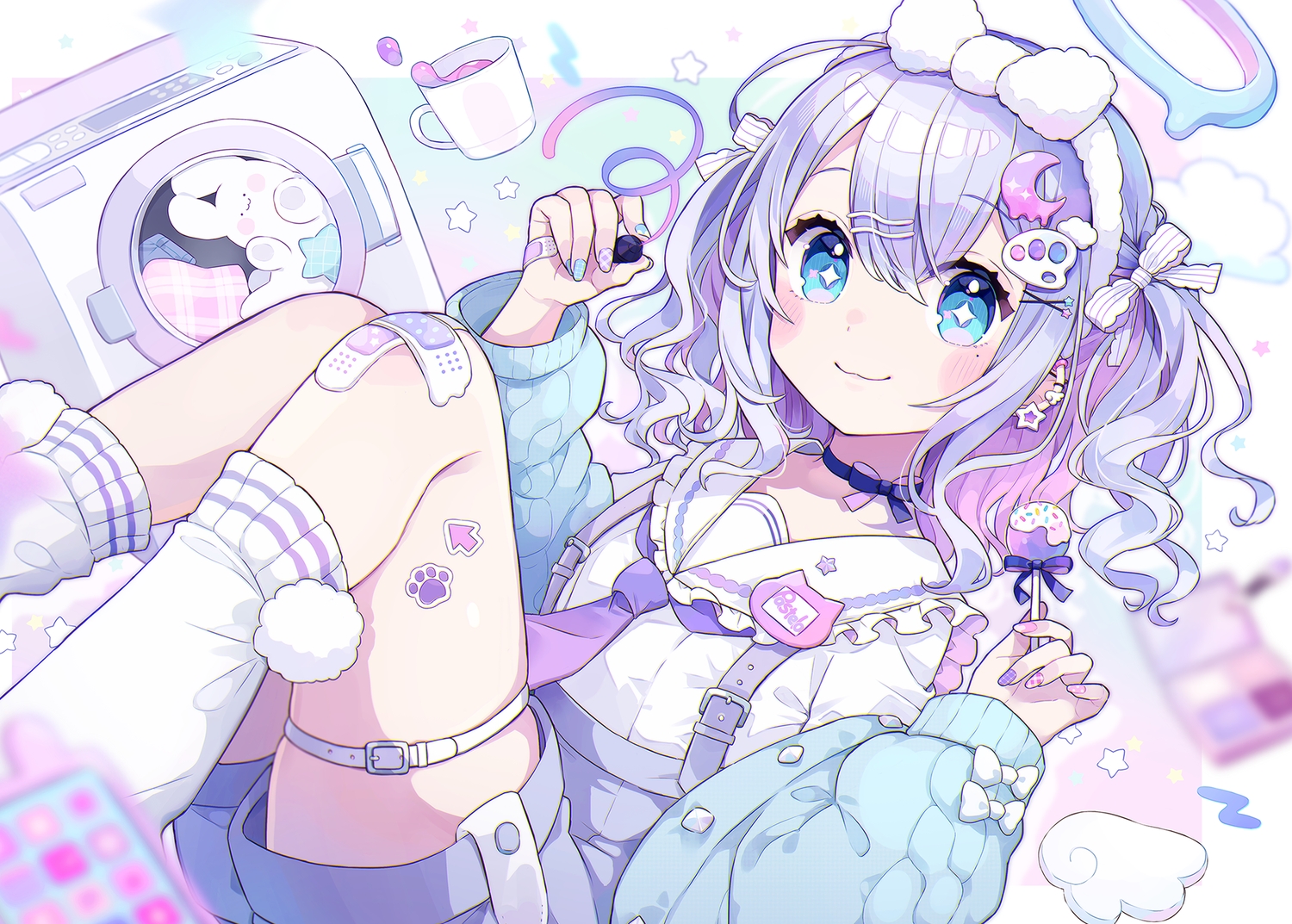 aqua_eyes, bandaid, blush, bow, bunny, candy, cat_smile, choker