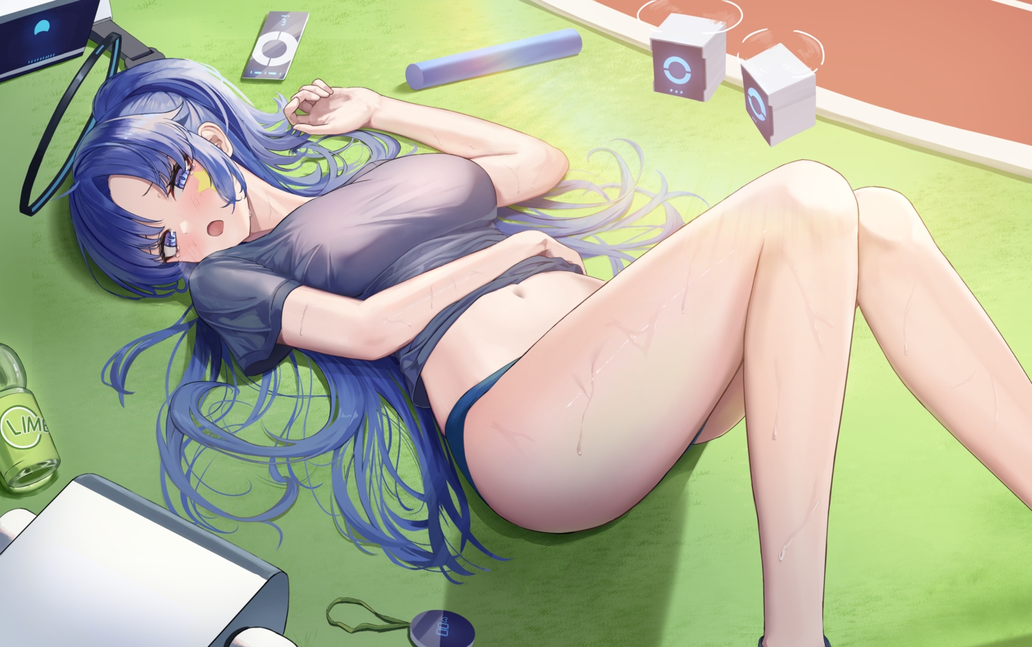 bloomers, blue_archive, blue_eyes, blue_hair, blush, breasts, doggo34476335, drink, grass, gym_uniform, halo, hayase_yuuka, long_hair, navel, phone, ponytail, tears, wet