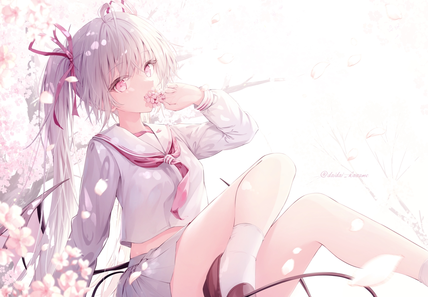 blush, bow, cherry_blossoms, daidai_(daidai826), flowers, gray_hair, long_hair, original