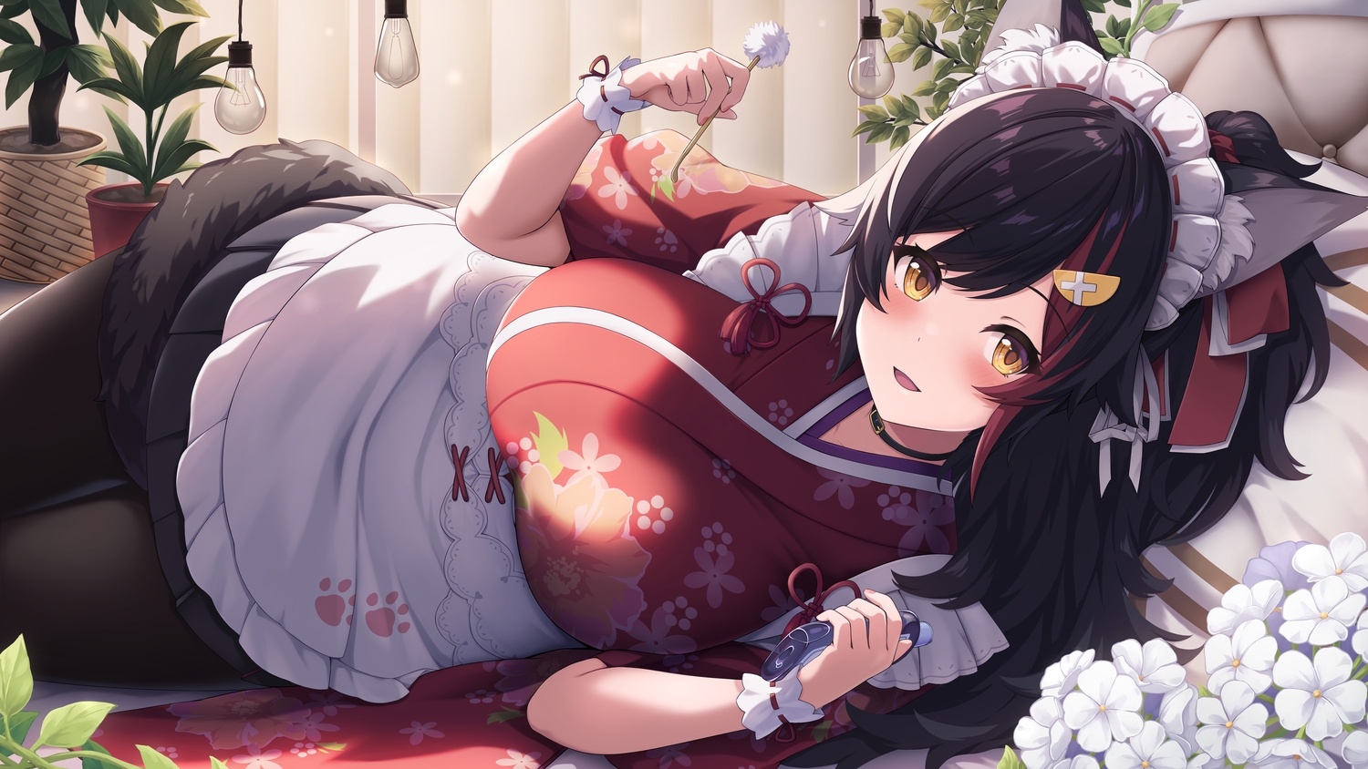animal_ears, apron, black_hair, blush, collar, flowers, headdress, hololive
