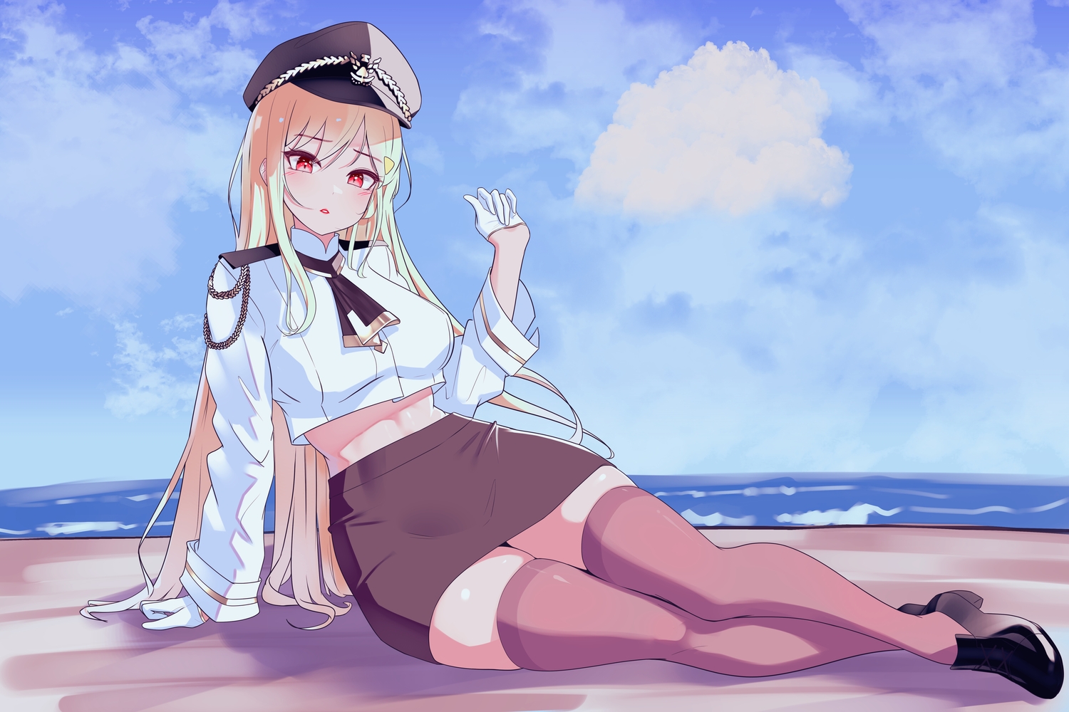 beach, blonde_hair, blush, clouds, gloves, hat, jingburger, long_hair