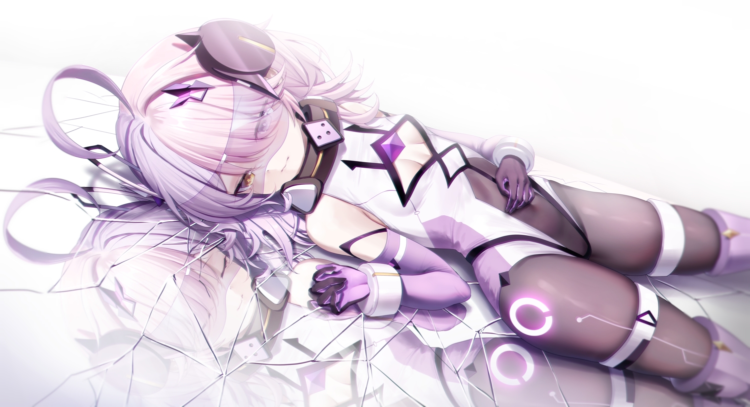 bicolored_eyes, bodysuit, breasts, elbow_gloves, garter, gloves, goggles, honkai_impact, honkai_(series), loli, reflection, sin_mal0909, sin_mal_(honkai_impact), white, wristwear