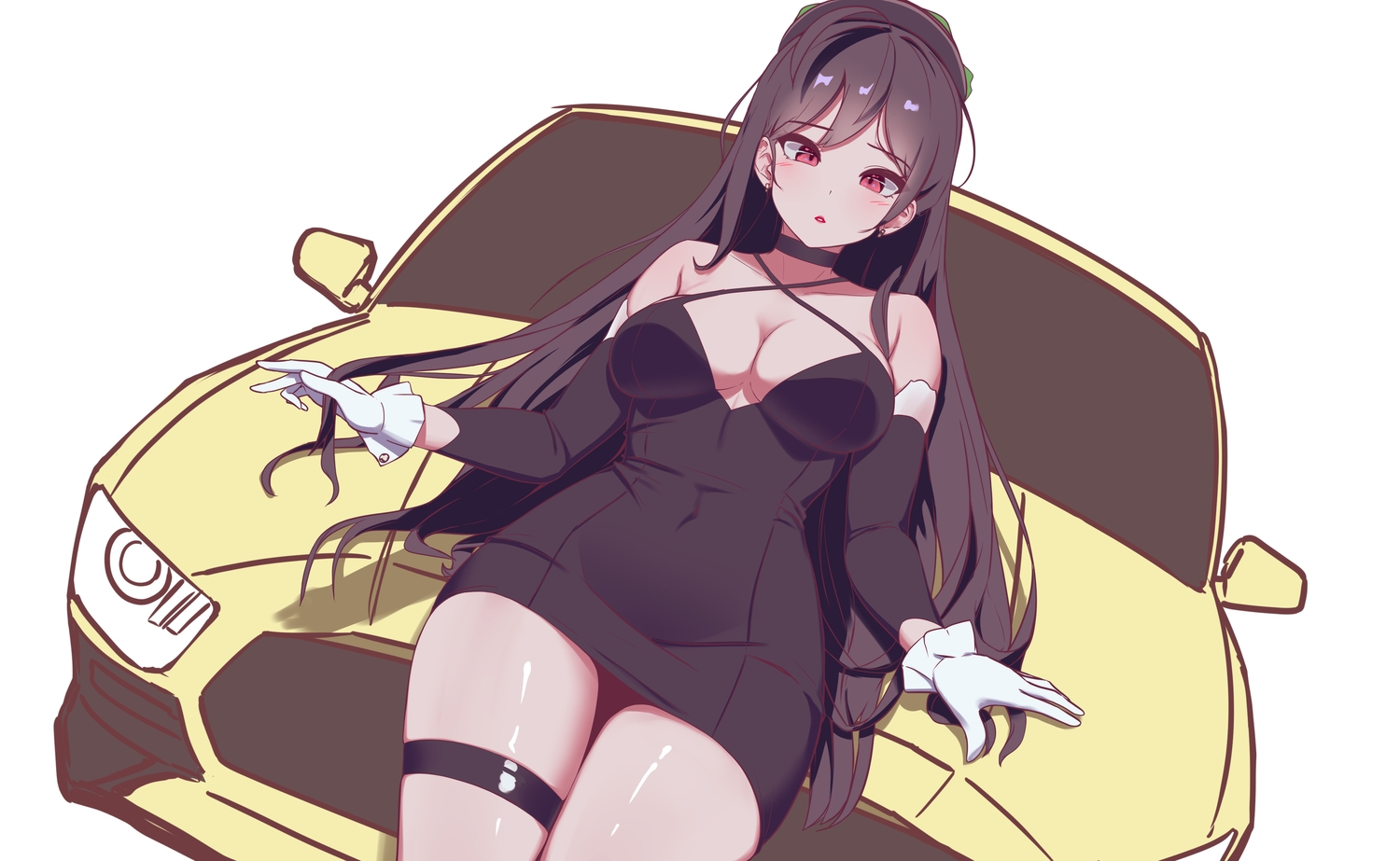 black_hair, blush, breasts, car, cleavage, collar, dress, garter