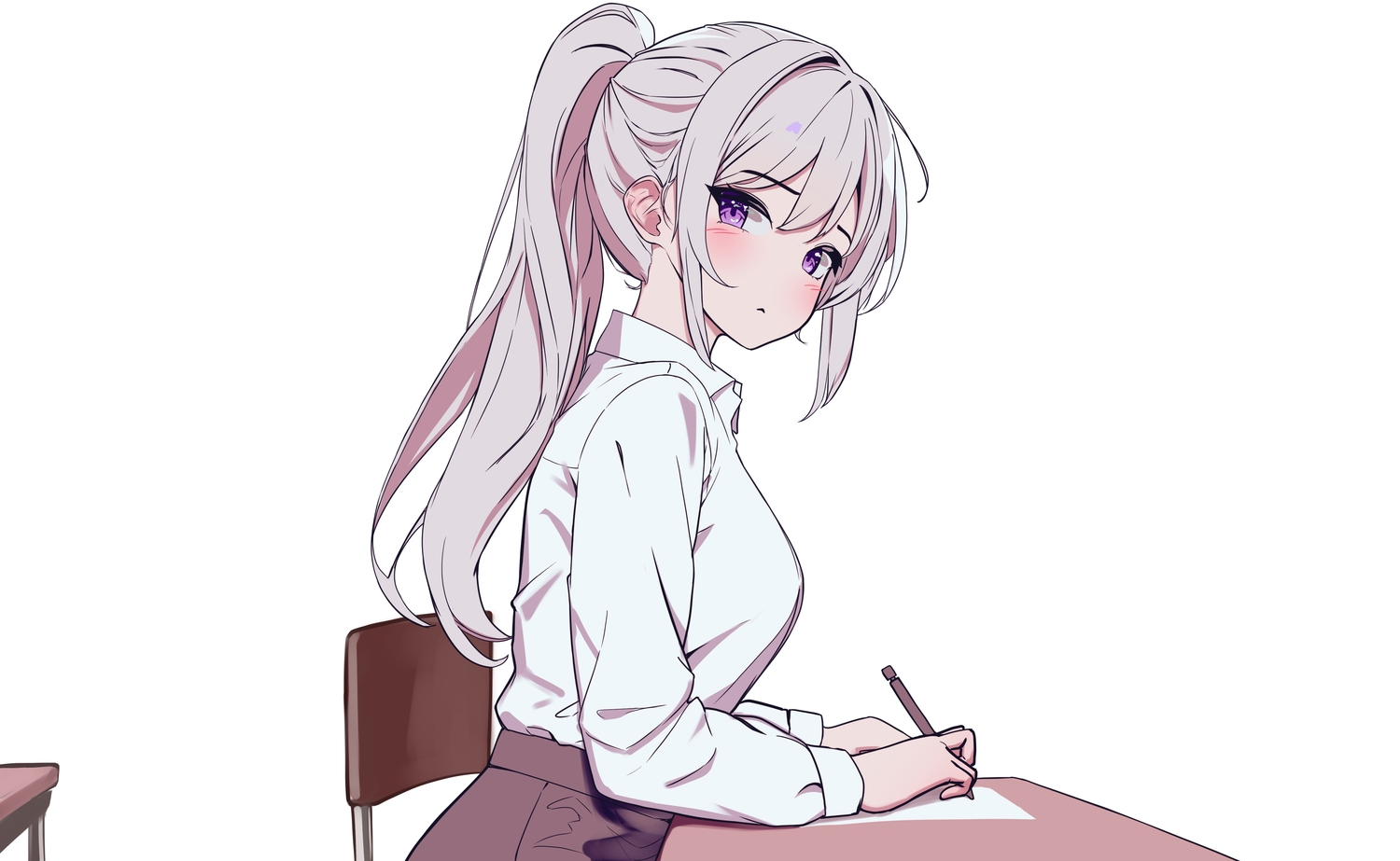blush, gray_hair, ine_(vtuber), long_hair, paper, ponytail, purple_eyes, school_uniform, shirt, skirt, sundance0218, waktaverse, white