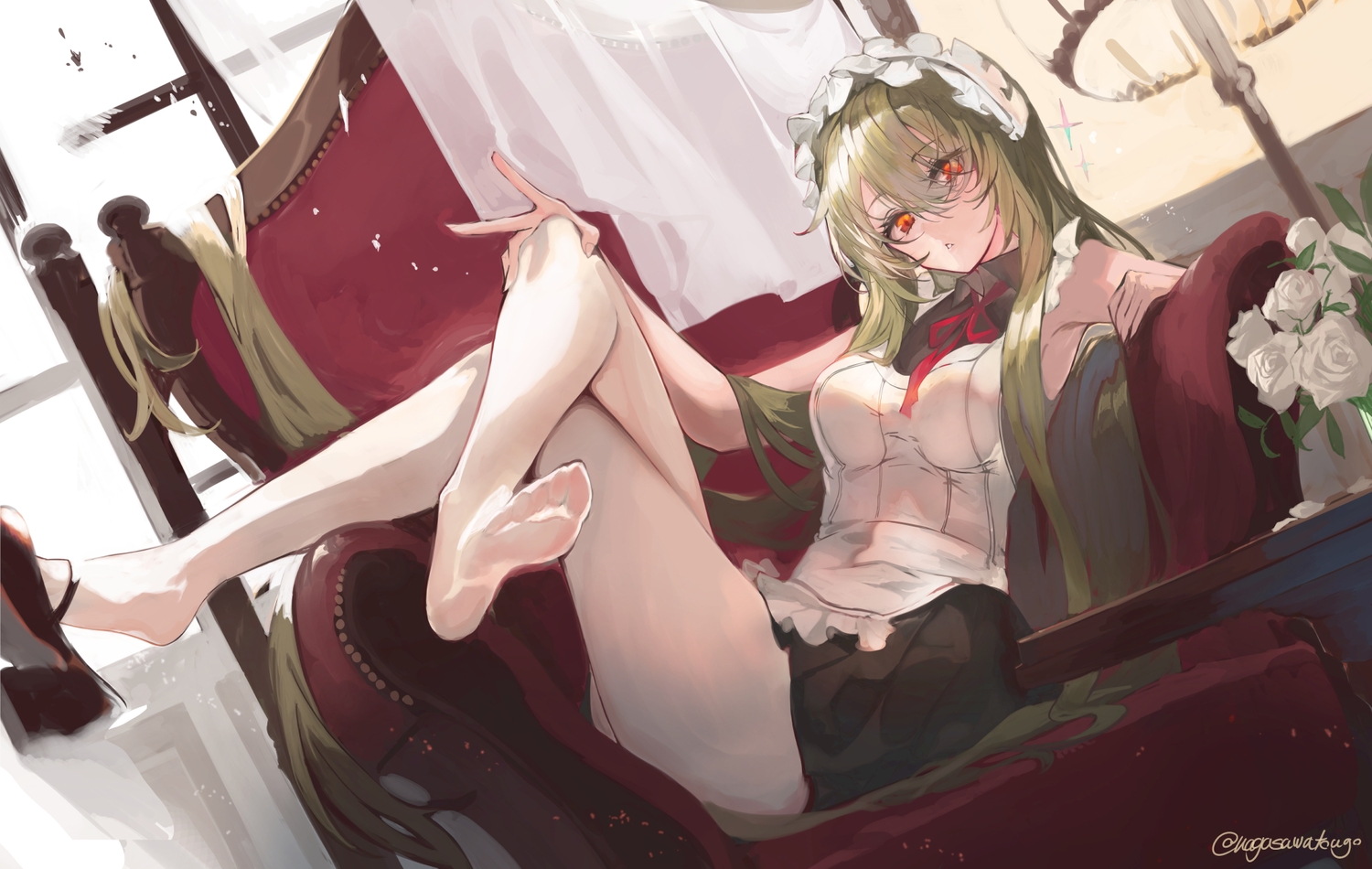 apron, couch, flowers, green_hair, headdress, long_hair, maid, nagasawa_tougo
