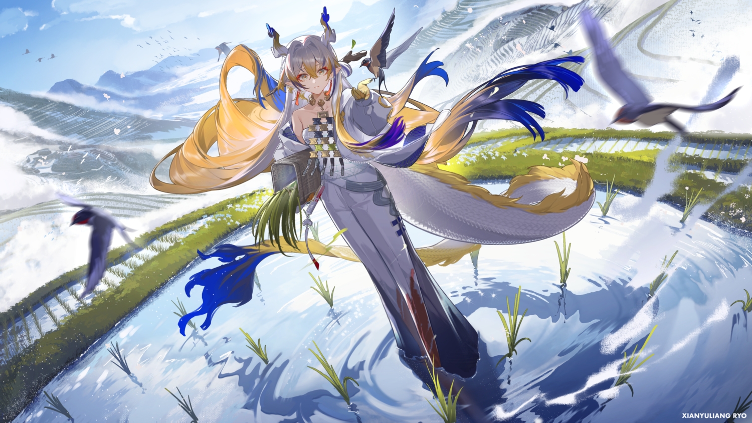 animal, arknights, bird, clouds, dou_(doudouzi), gray_hair, green_eyes, horns, long_hair, necklace, pointed_ears, shu_(arknights), sky, tail, water, watermark