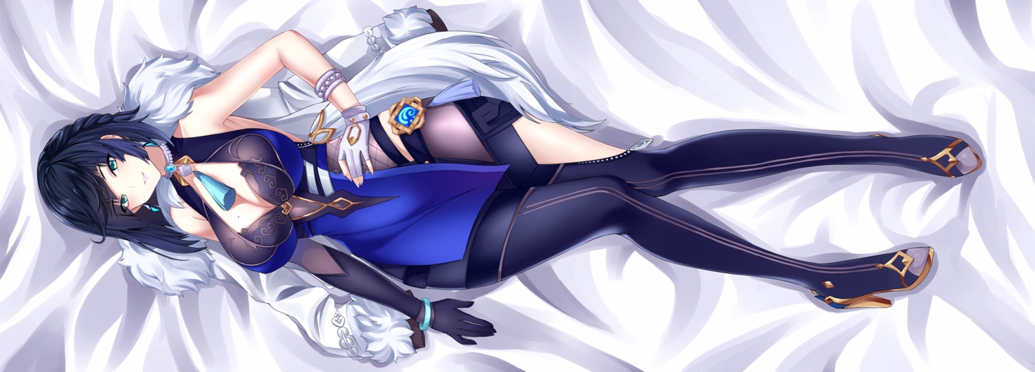azumane_kanna, black_hair, bodysuit, braids, breasts, cleavage, elbow_gloves, genshin_impact
