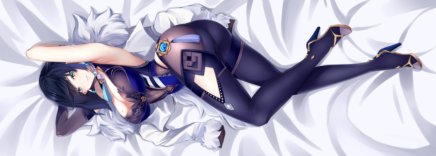 ass, azumane_kanna, black_hair, bodysuit, braids, breasts, cleavage, elbow_gloves, genshin_impact, gloves, green_eyes, short_hair, wristwear, yelan_(genshin_impact)