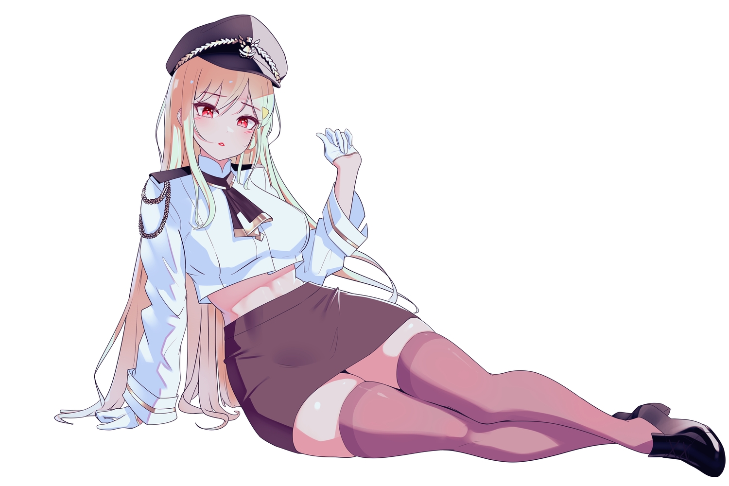 blonde_hair, blush, gloves, hat, jingburger, long_hair, red_eyes, shirt
