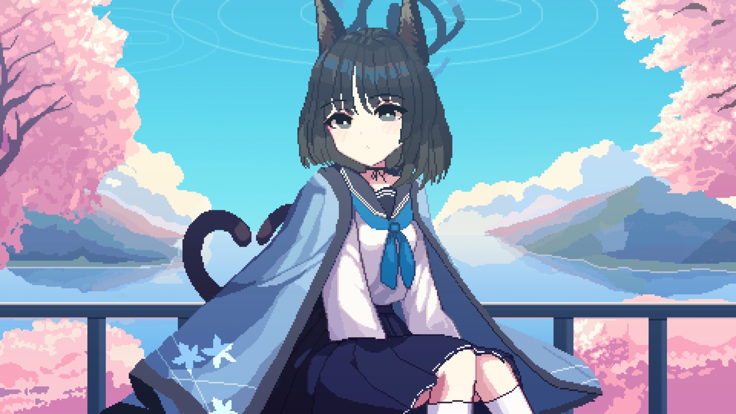 animal_ears, black_eyes, black_hair, blue_archive, catgirl, cherry_blossoms, choker, clouds