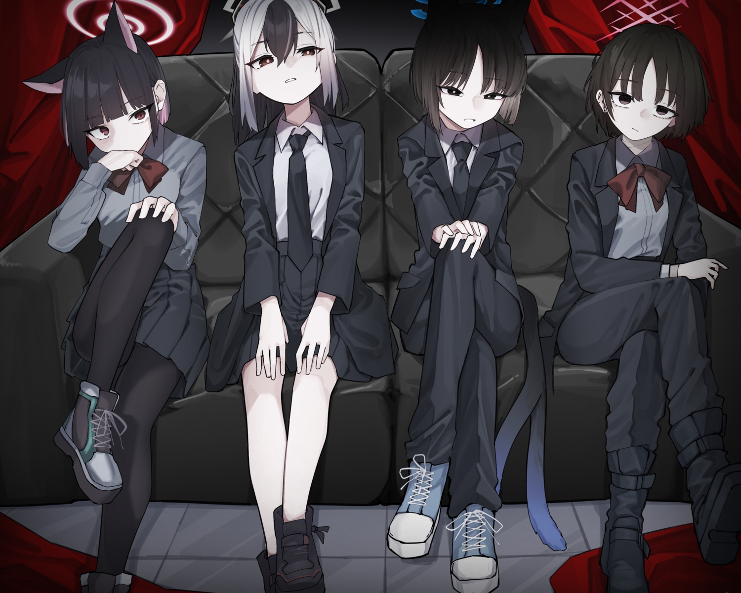 animal_ears, black_eyes, black_hair, blue_archive, boots, catgirl, couch, gray_hair