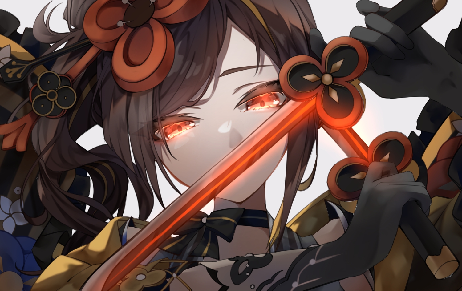 aliasing, brown_hair, chiori_(genshin_impact), choker, close, elbow_gloves, genshin_impact, gloves, long_hair, moderate_gold, red_eyes, sword, weapon