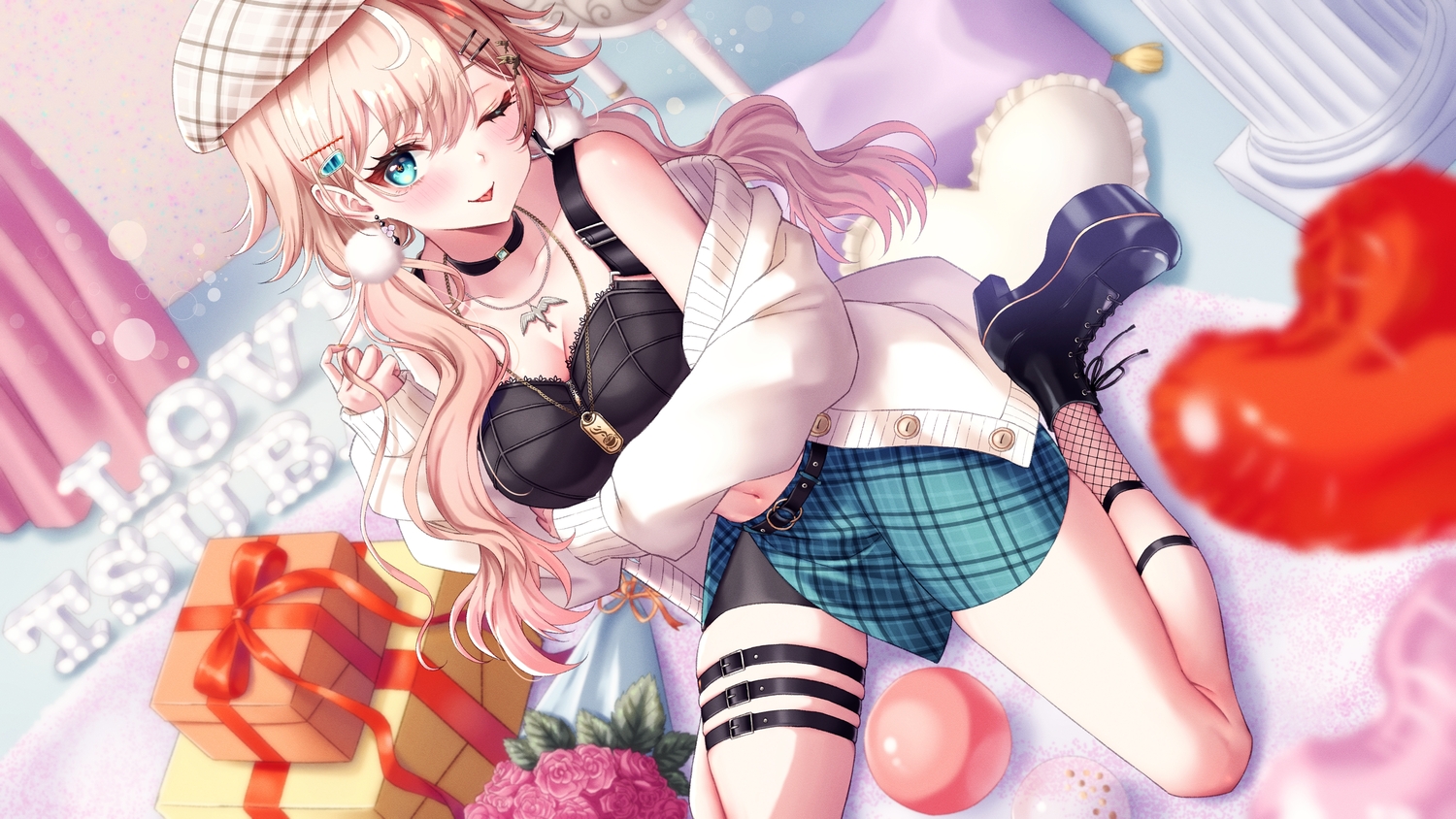 aqua_eyes, blonde_hair, blush, breast_hold, breasts, choker, cleavage, flowers, garter, hat, long_hair, mary_is_mine, natsuki_tsubame, navel, necklace, rose, skirt, twintails, wink