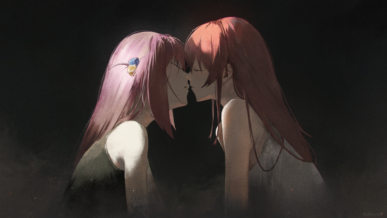 2girls, bocchi_the_rock!, gotou_hitori, kikiis_art, kiss, kita_ikuyo, long_hair, pink_hair, red_hair, shoujo_ai, watermark
