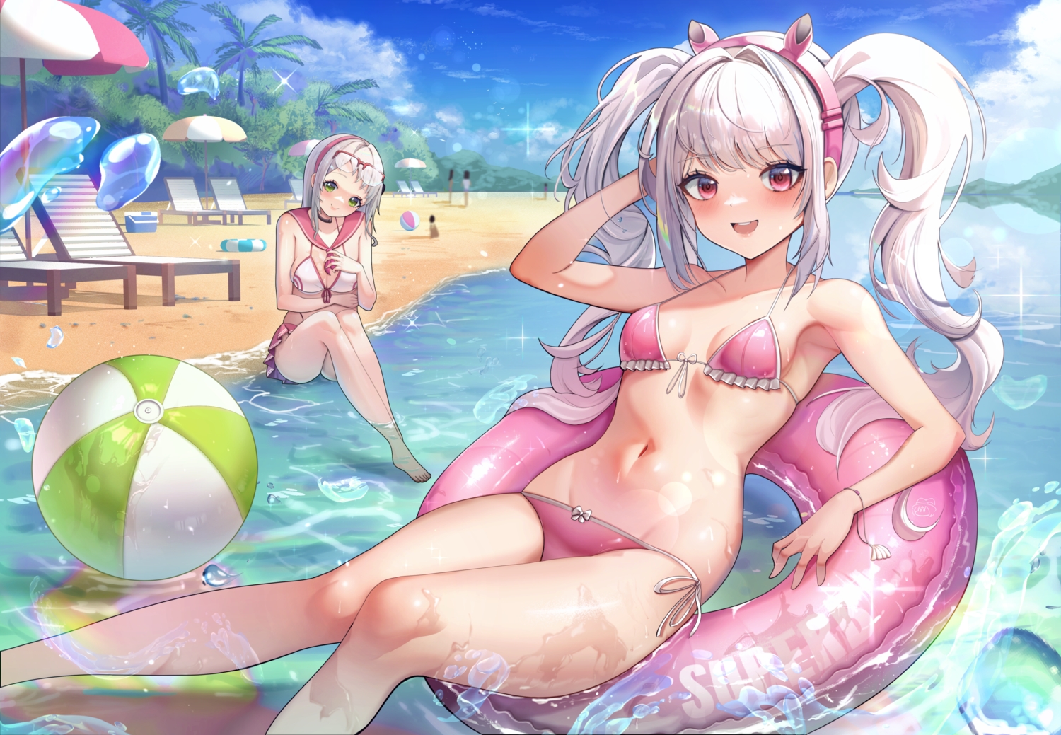 2girls, alice_(nikke), animal_ears, ball, barefoot, beach, bikini, blush