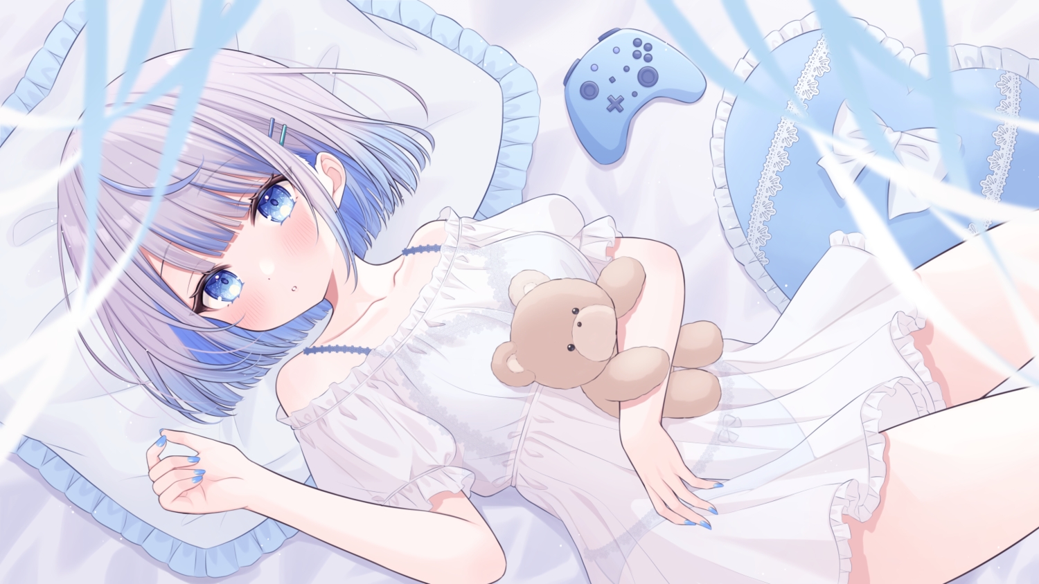 bed, blue_eyes, blush, bow, bra, breasts, cleavage, dress