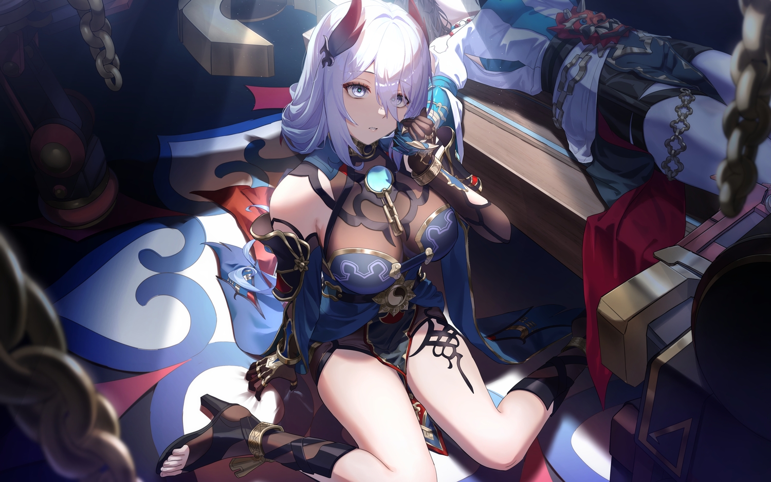 2girls, armor, breasts, cleavage, elbow_gloves, gloves, gray_eyes, gray_hair, hanya_(honkai:_star_rail), honkai_(series), honkai:_star_rail, lucy_(rusi-juren328), shorts, wristwear, xueyi_(honkai:_star_rail)