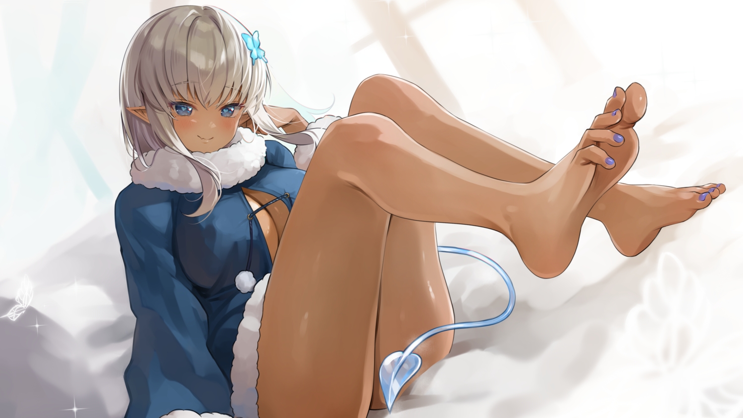 barefoot, bed, blue_eyes, blush, breasts, cleavage, dark_skin, dress