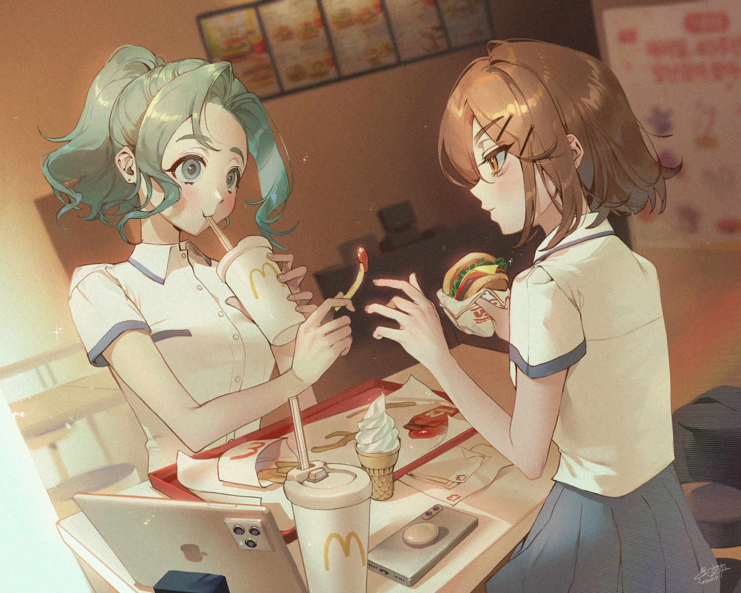 2girls, baekryang, blush, brown_eyes, brown_hair, computer, drink, food, green_eyes, green_hair, ice_cream, mcdonald's, original, phone, ponytail, school_uniform, shirt, short_hair, signed, skirt