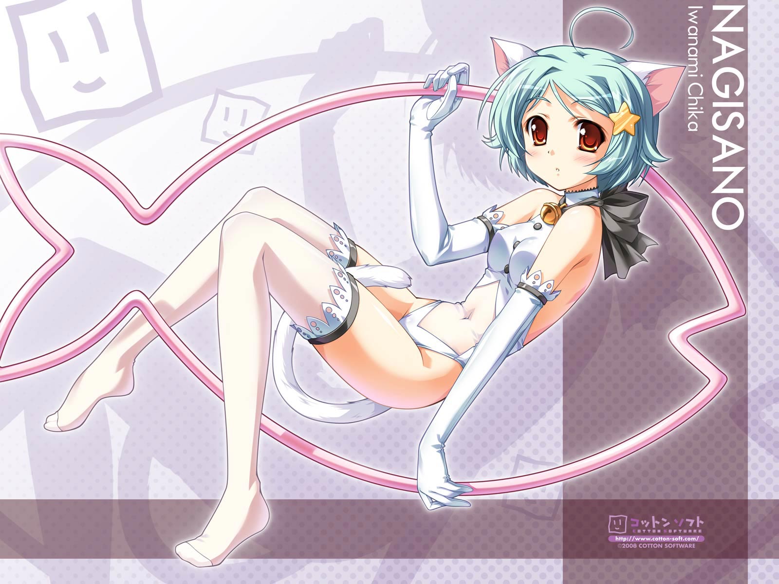animal_ears, aqua_hair, bell, blue_hair, blush, brown_eyes, catgirl, elbow_gloves